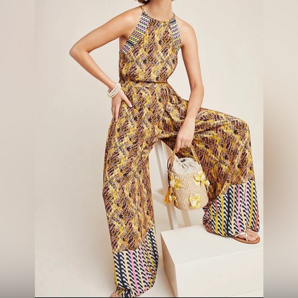 Printed Wide-Leg Jumpsuit in Mustard Yellow SZ M